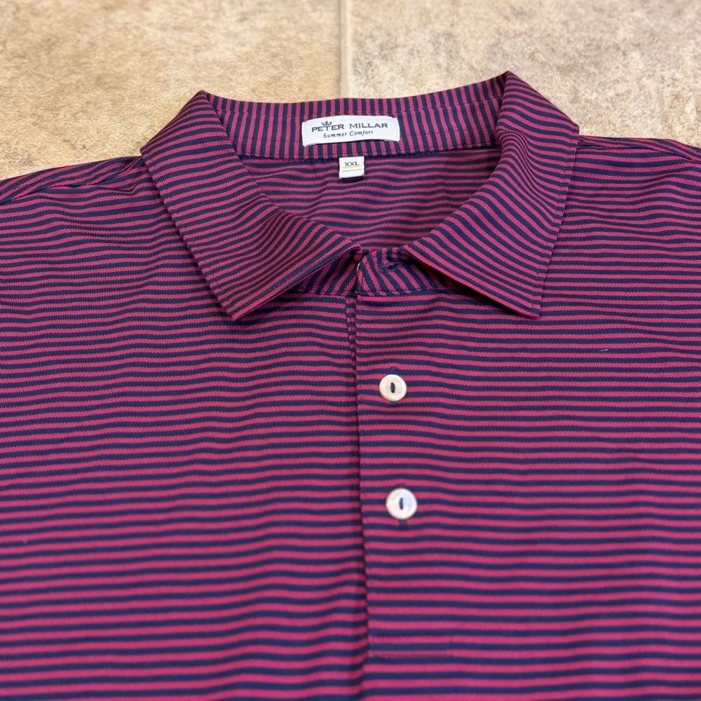 Peter Millar Summer Comfort Mens XXL Polo Burgundy Navy Stripe Squire Creek - Picture 7 of 16